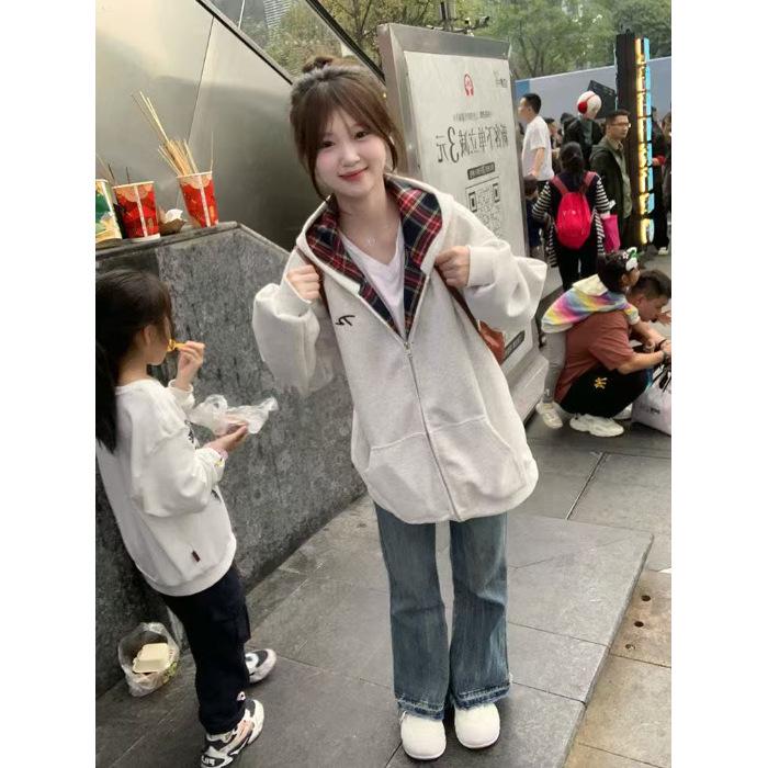 

New Autumn/Winter Korean Plaid Patchwork Hooded Sweatshirt Cardigan L