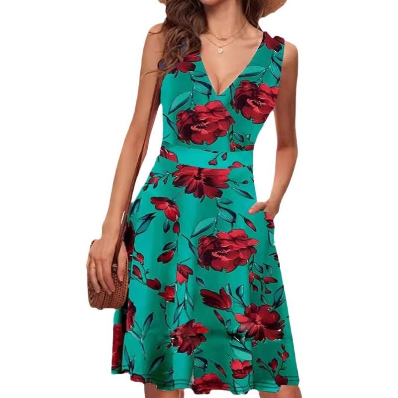 Fashion Elegant V-Neck Sleeveless Printed Dress Spring Summer Pockets Women Casual Simple A-line Party Dresses Female Sweet Office Loose Clothing