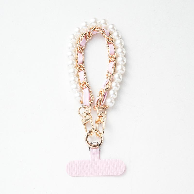 Women Short Wrist Pearl Chain Phone Lanyard Metal Buckle