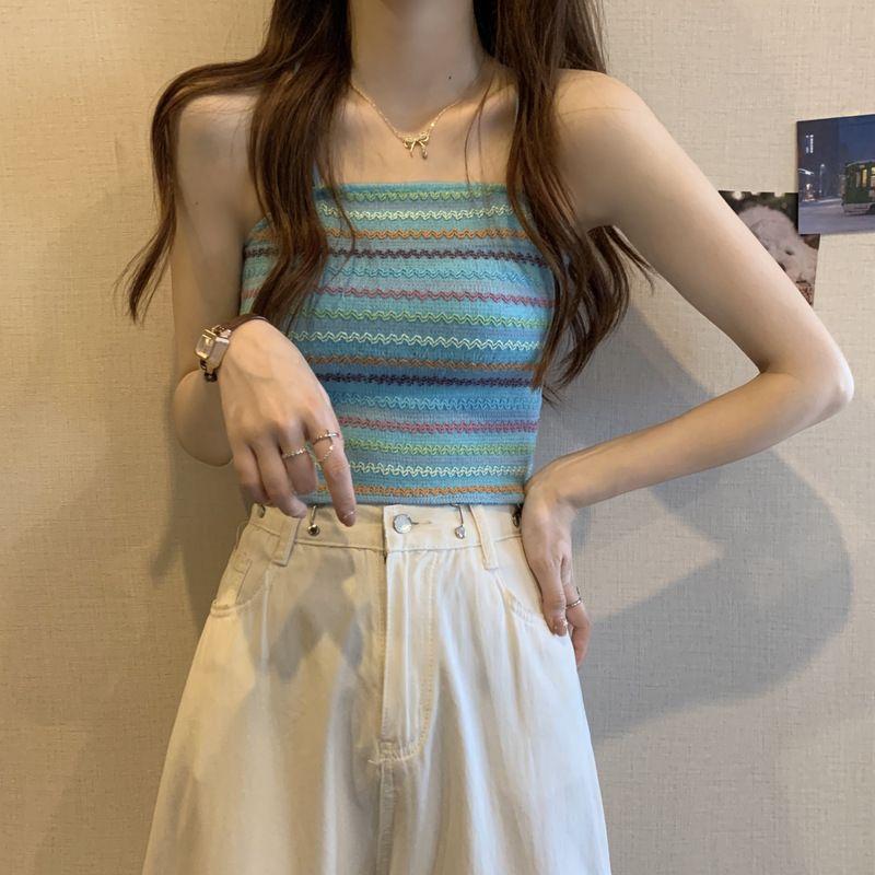 Women's Striped Knitted Camisole Vest Summer French Style Stylish Slim Fit Slimming Bottom Shirt Sleeveless Top