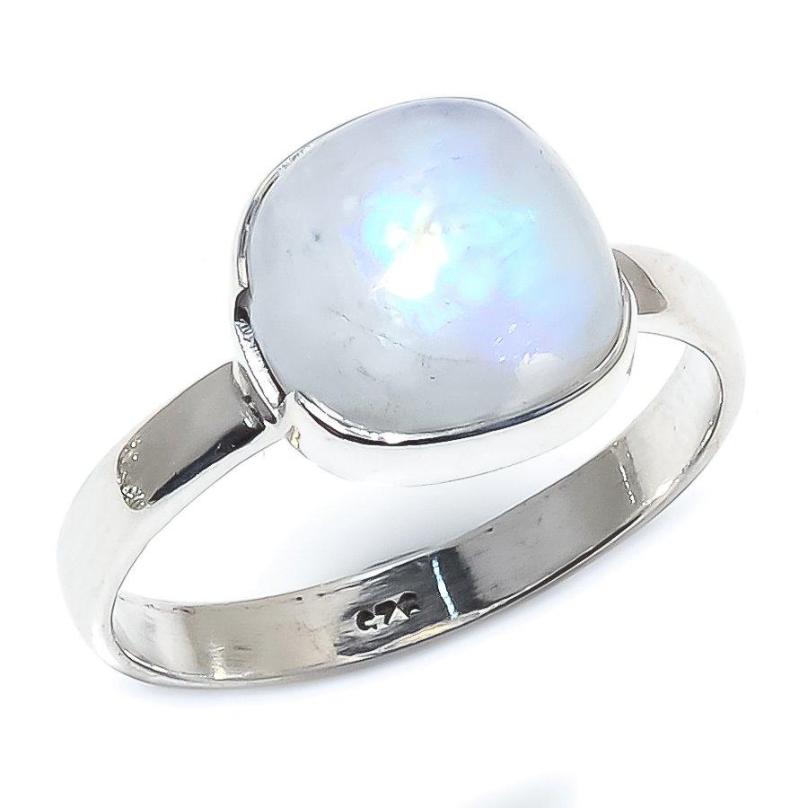 Natürlicher Regenbogen-Mondstein Edelstein 925 Massiv Sterlingsilber Geschenkring S.9 D6C47