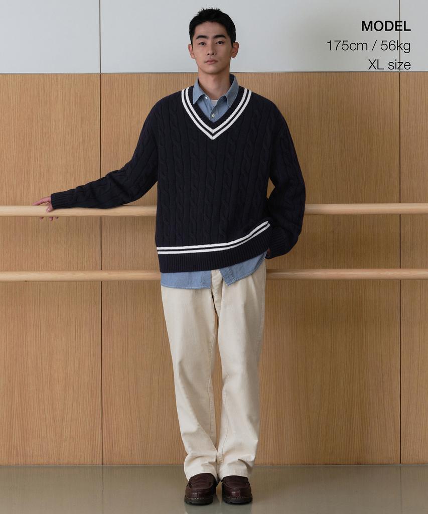 MUSINSA STANDARD Cable V-Neck Cricket Knit [Navy]