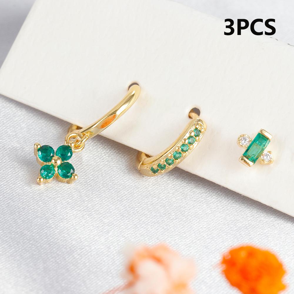 3PCS Green Zircon Flower Hoop Earrings Women Tiny Stainless Steel Round Circle Cartilage Piercing Earring Fashion Jewelry Sets