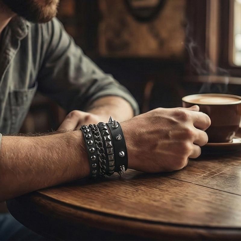 Pack of 4 Gothic Riveted Bracelets Leather Material Wrist Chains Comfort Fit for Concerts Themed Event and Daily Use