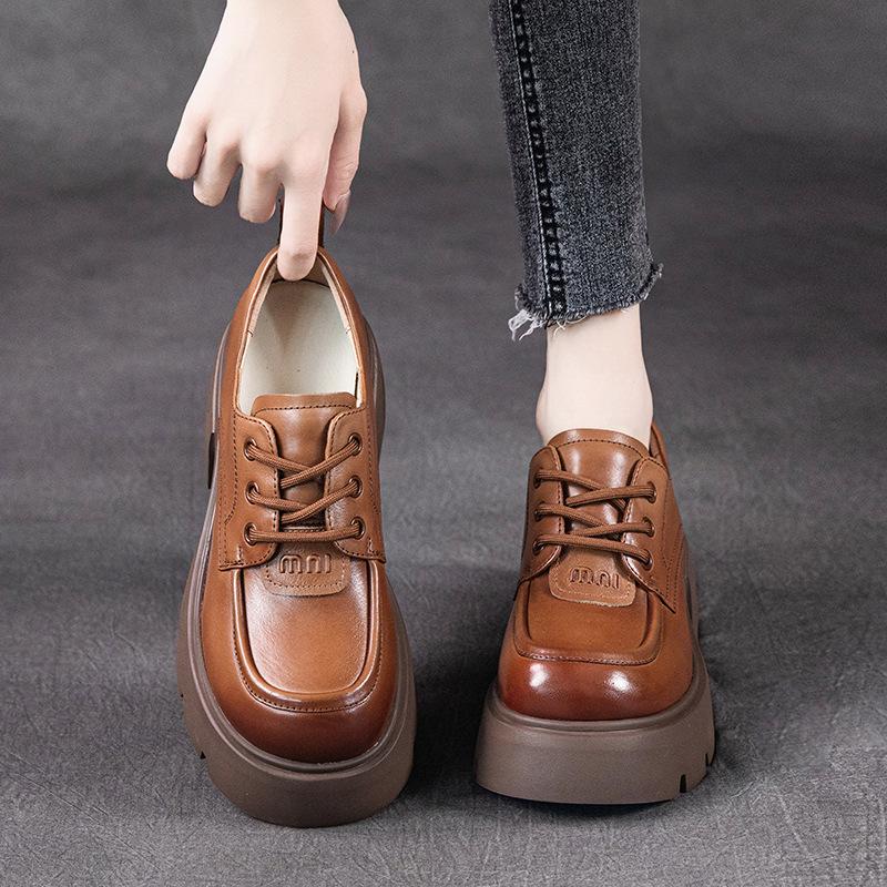 The First Layer of Cowhide Loafers Women's Autumn 2025 New Leather Muffin Thick-soled Retro Lace-up Women's Single Shoes