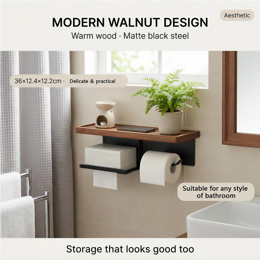 Wall Mount Toilet Paper Holder with Wooden Storage Shelf Rustproof Bathroom Tissue Rack for Phone Perfume Bathroom Decoration