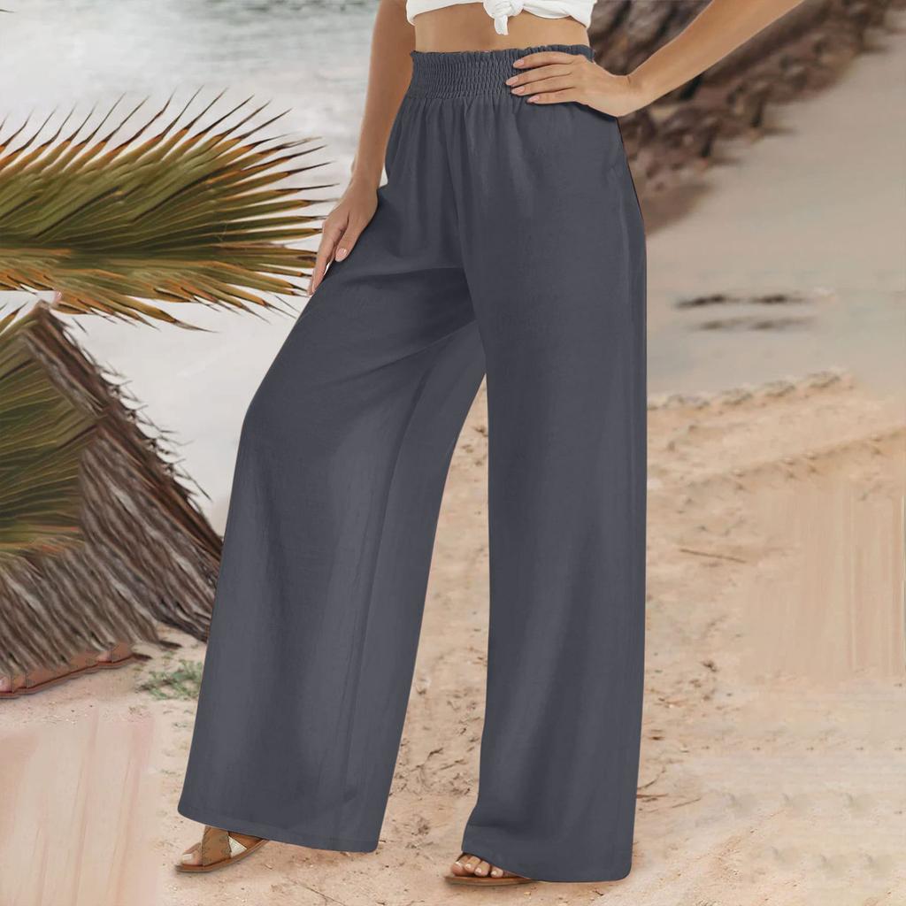 Women's Four Seasons Solid Colours Cotton Linen Elastic Waist Belts with Wide Beach Long Trousers Plain Loose Trousers
