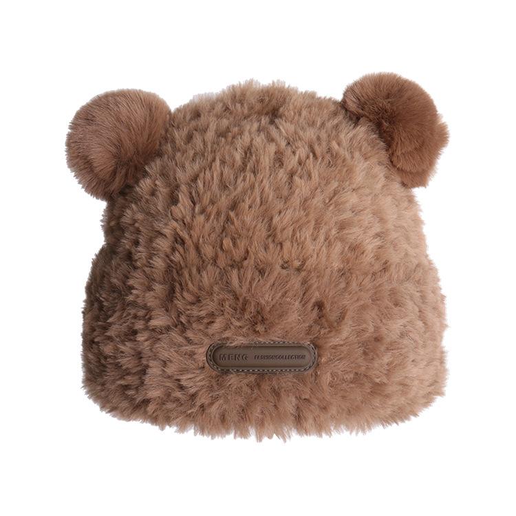 Cute Bear Wool Hat for Women In Winter Korean Plush Warm Furry Autumn and Winter Big Head Knitted Hat
