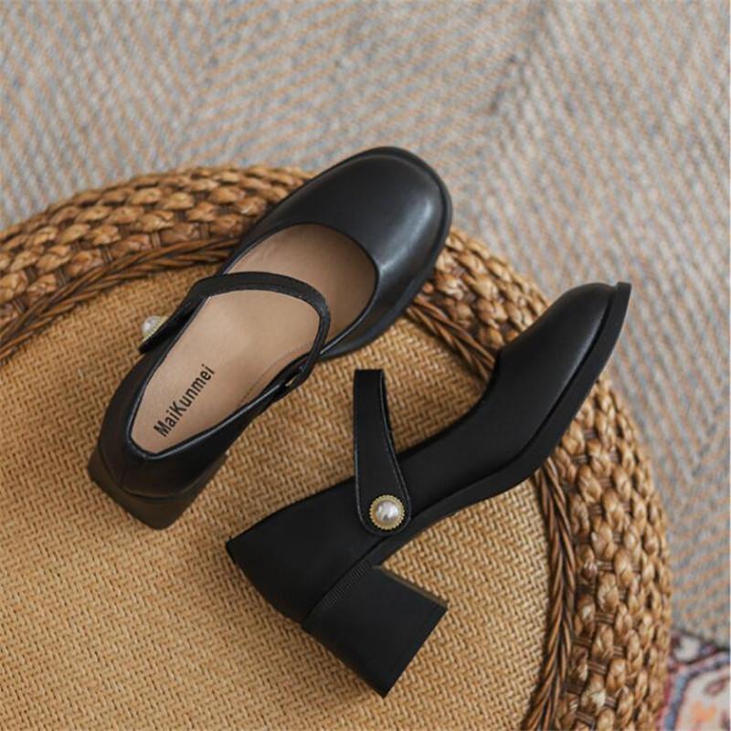 Genuine Leather Women High Heel Shoes Mary Jane  Chunky Heeled Shoes Women Spring Luxury Party Wedding Ladies Shoes