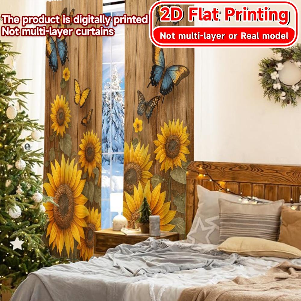 Set Of 2 Flat Printing Butterfly Sunflowers Print Chic Curtains Prints Home Decor Use Bedroom Curtain Semi Sheer For Made Polyester
