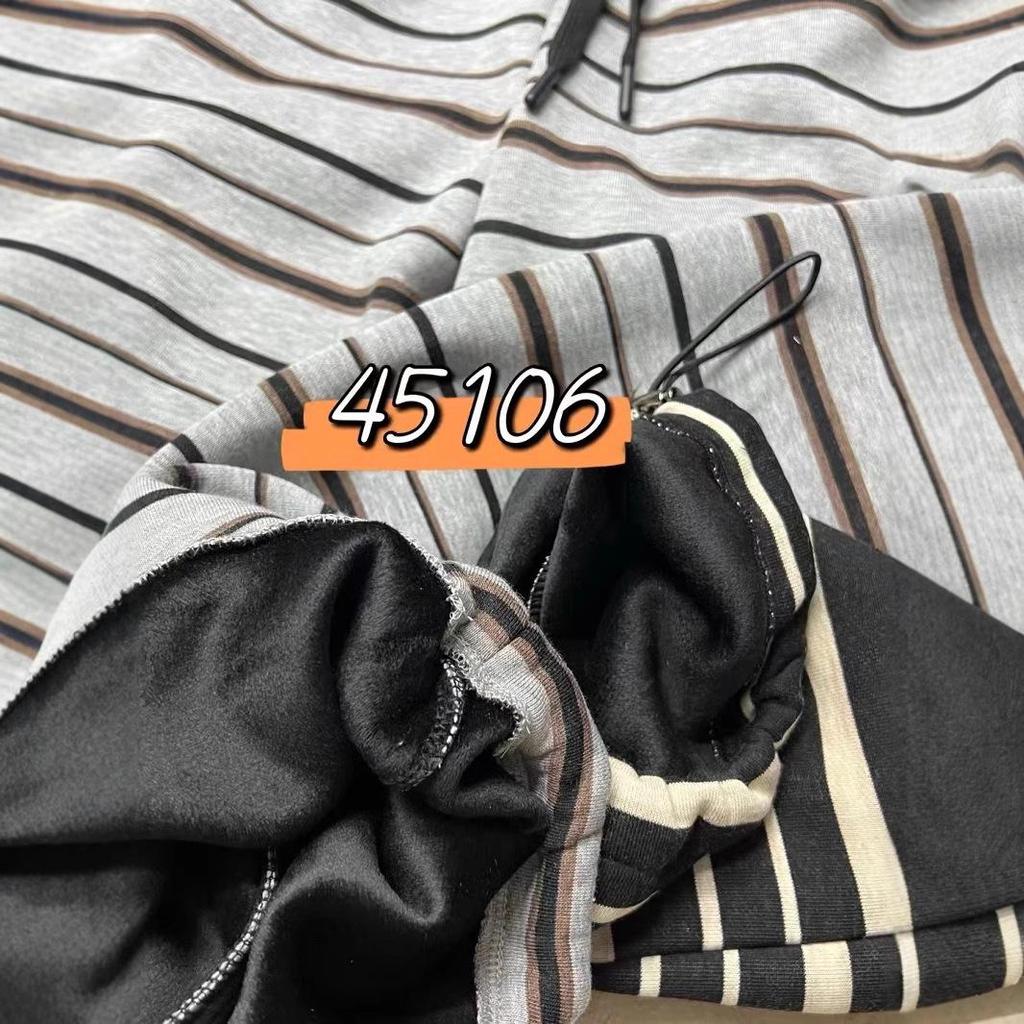 Women's Korean Style High Waist Fleece Lined Striped Sweatpants, Plus Size, Cuffed, Winter Casual.