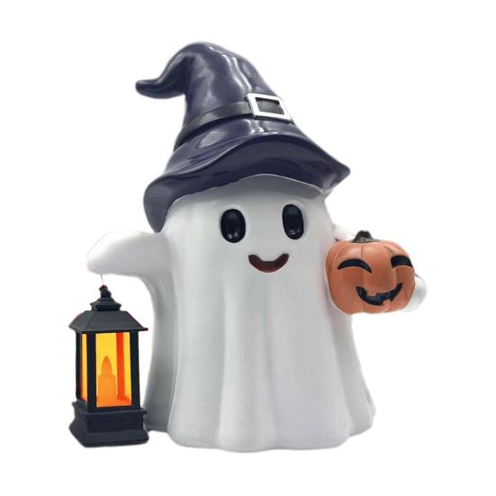 Solar Cute Ghost Statue Halloween Desktop Ornament Weather-Resistant Handmade Resin Pumpkin Ghost Figure with Light