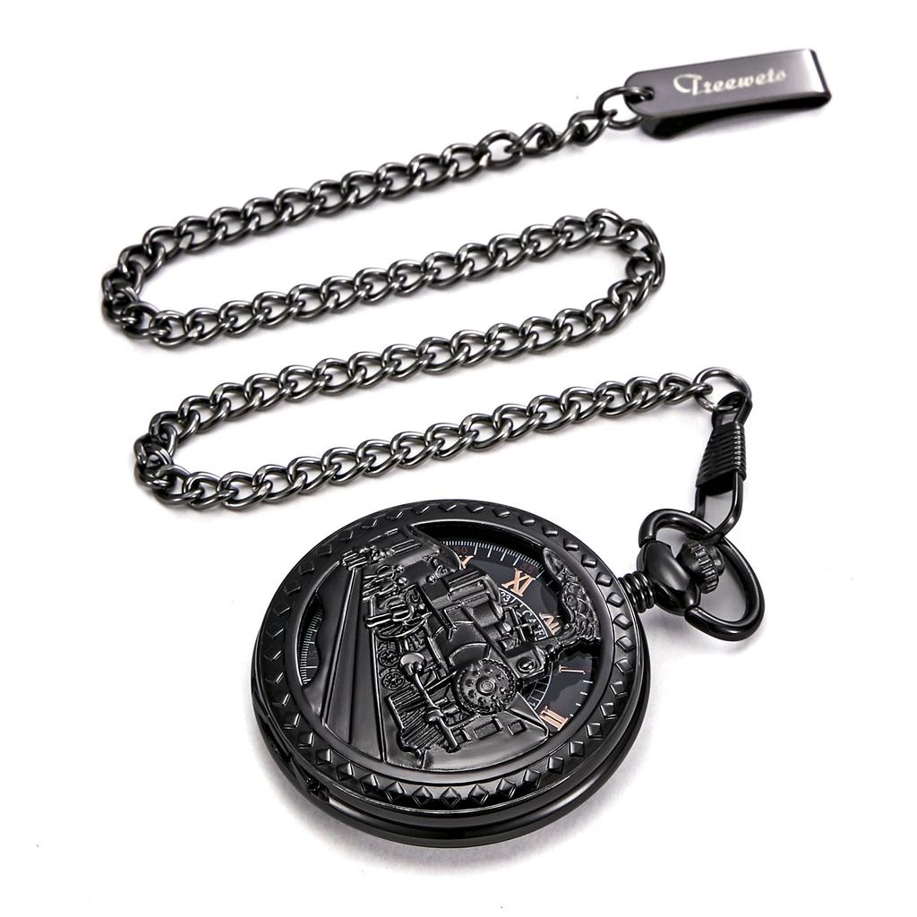 TREEWETO Mechanical Pocket Watch Railway Antique Skeleton Roman Numeral Black with Chain