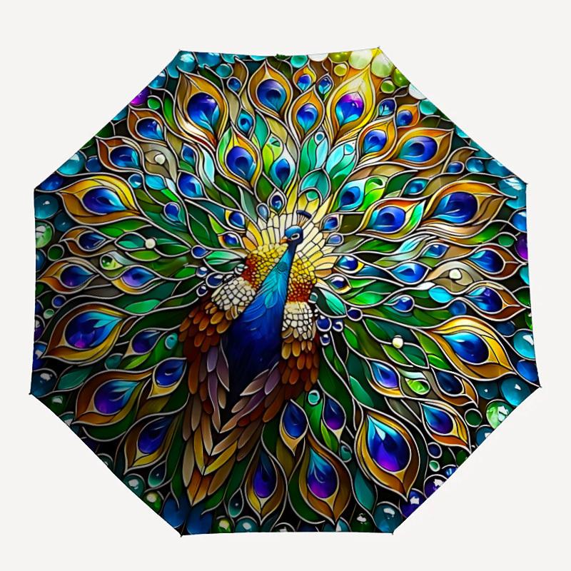 1pc Peacock Mandala Automatic Folding Umbrella - Design, Durable Iron Frame for Travel, Outdoor, Beach Fashion Accessory a0920060