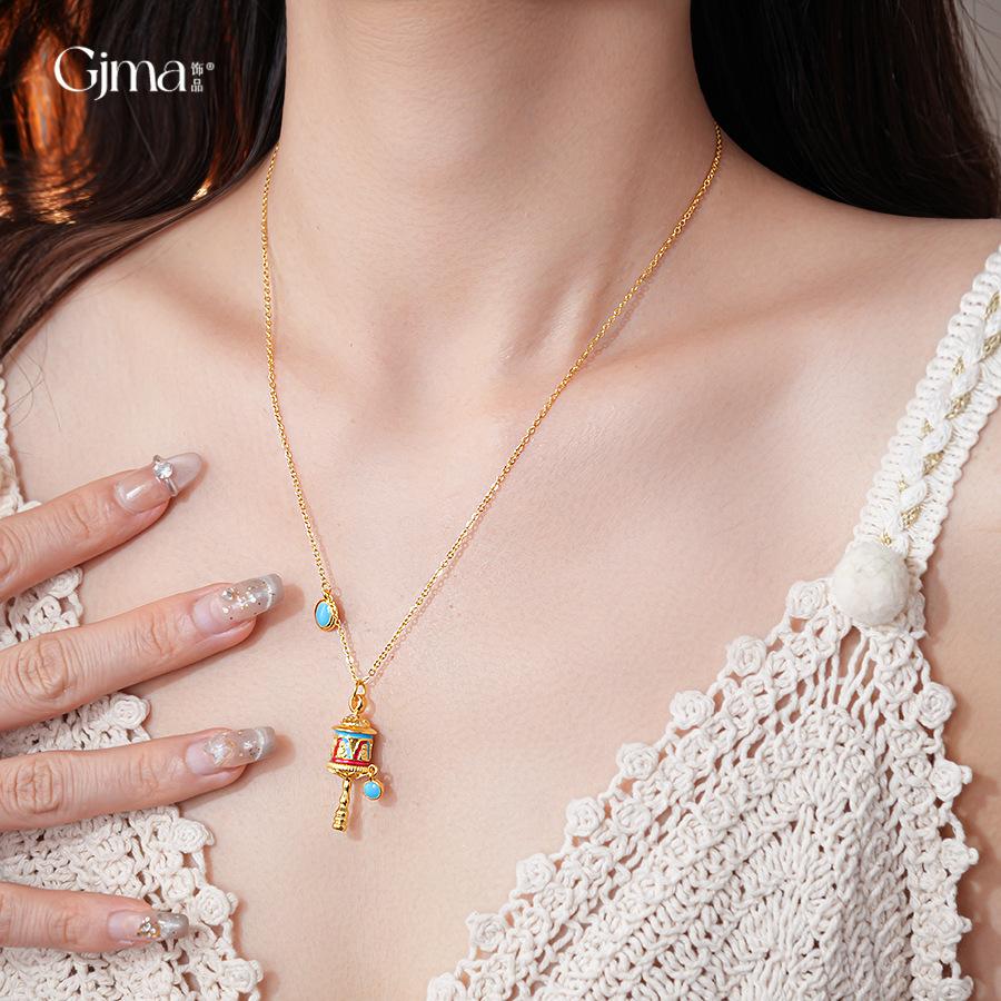 Retro ethnic style turquoise beaded rattle necklace collarbone chain design sense niche item decoration