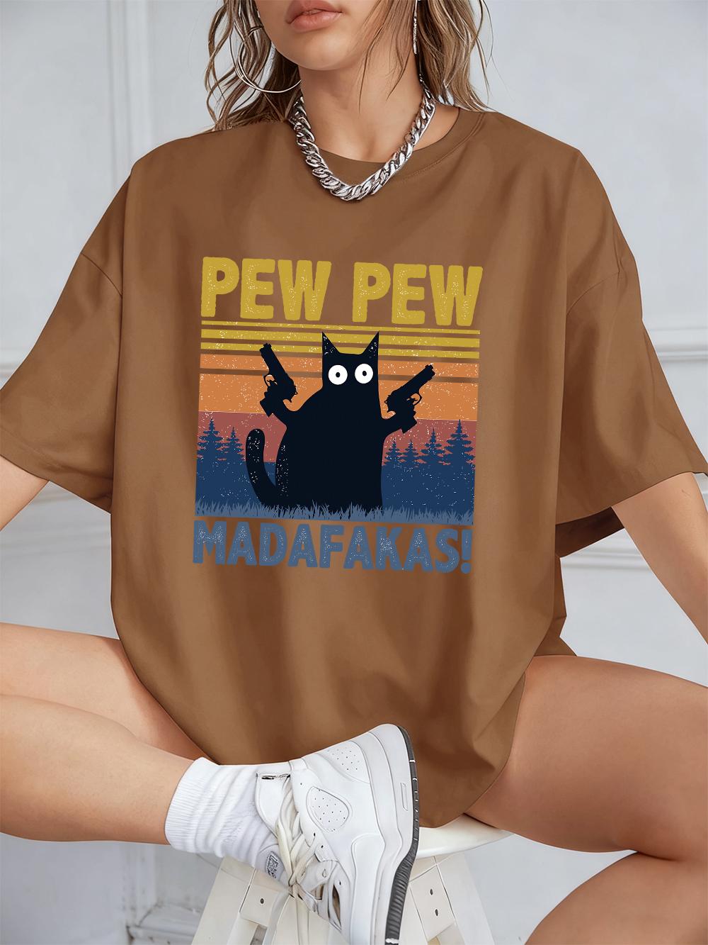 

Pew Pew A Cat Printing TShirts Womens Cotton Summer Short Sleeve Tops Comfortable Soft ONeck T Shirt Casual Womans Clothes S
