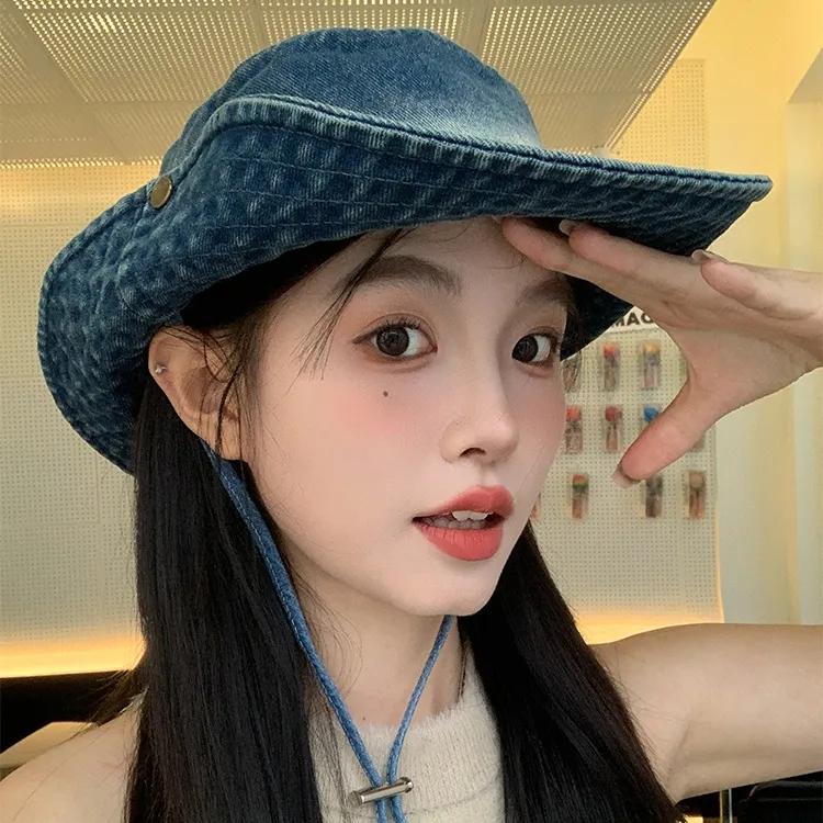 Cowboy Gradient Wtempo Tiedye Distressed Hats Womenspring Summer Denim Bucket Hats Casual Thick Patchwork Climbing Cap