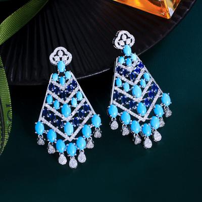 Boucles d'oreilles Bohèmes Bleu Turquoise à Pampilles Diamant Complet Aiguille Vintage Micro-Sertie Zircon Bijoux d'Oreille