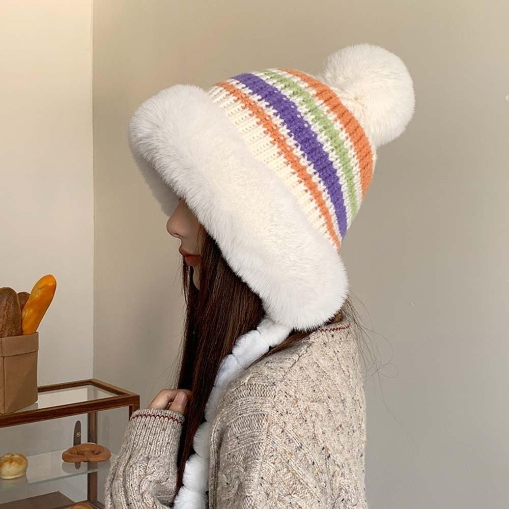 Striped Knit Pompom Braids Hat Fleece Lined Earflap Winter Cap Fur Trim Trapper Commute