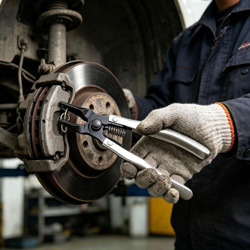 Press-Down Brake Pad Retainer Pliers with Steel Tool Body and Opposing Gripping Tips for Removing and Repositioning Brake Hardware Tasks