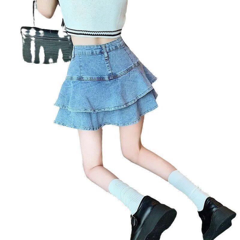 Denim Ruffle Fishtail Mini Skirt - Women s Plus Size High Waist A-line Summer Skirt XL синий