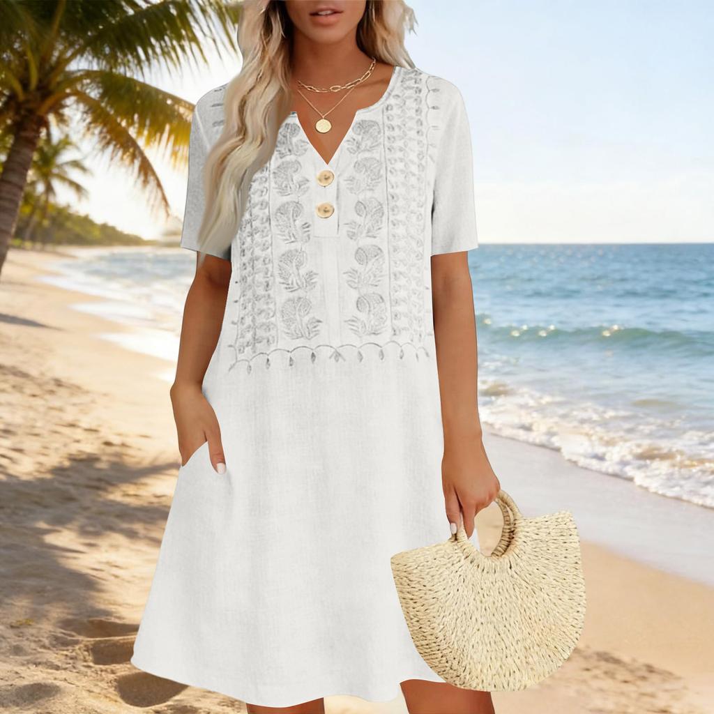 Women Casual Loose Fit Short Sleeve Dress Embroidered Front Button Detail Lightweight Summer Dress with Pockets