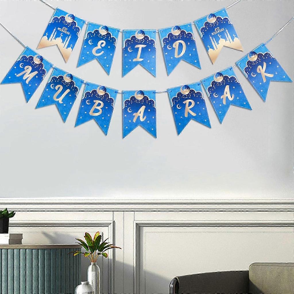 Eid Mubarak Blau für Banner 2022 Mond Stern Wimpelkette Hintergrund Dekoration für Islam Muslim Ramadan Party Wand Tür Dekoration Geschenk Zubehör
