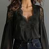 Solid Color Lace Splicing Tops Shirt Lantern Sleeves Blouse Fashion V Neck Sheath Tees  Daily Wear