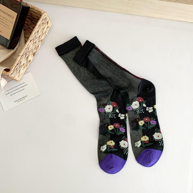Crystal Silk Socks Women Summer Ultra-thin Transparent Elastic Nylon Long Socks Harajuku Vintage Floral Embroidery Kawaii Socks
