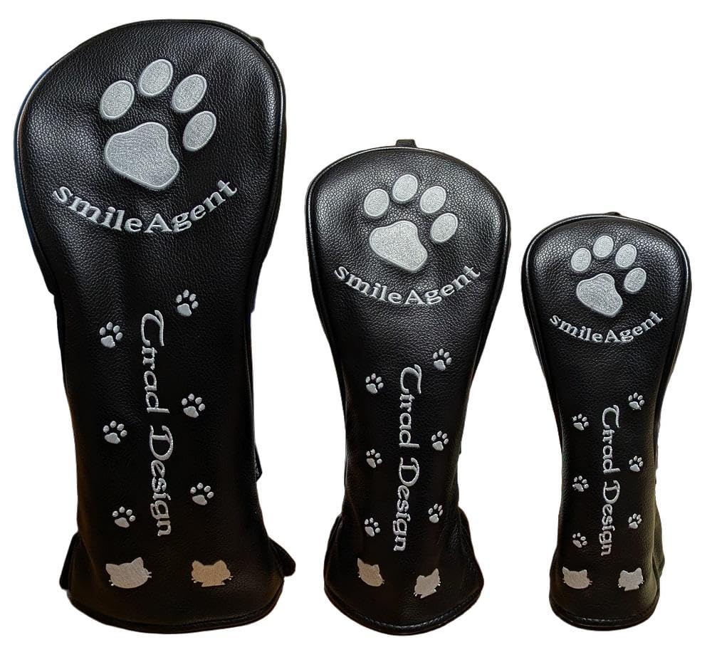 Sahc1741 Golf Headcover with Smile Agent Paw Print Embroidery, Paw Print Series, for Driver, Fairway Wood, and Hybrid (Black, for Hybrid)