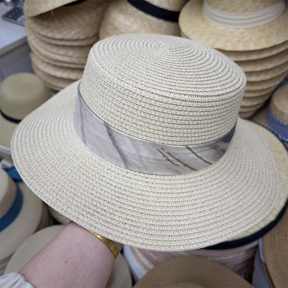 Ink wind webbing flat top straw hat women's summer sunshade travel versatile vacation top hat sun protection hat seaside