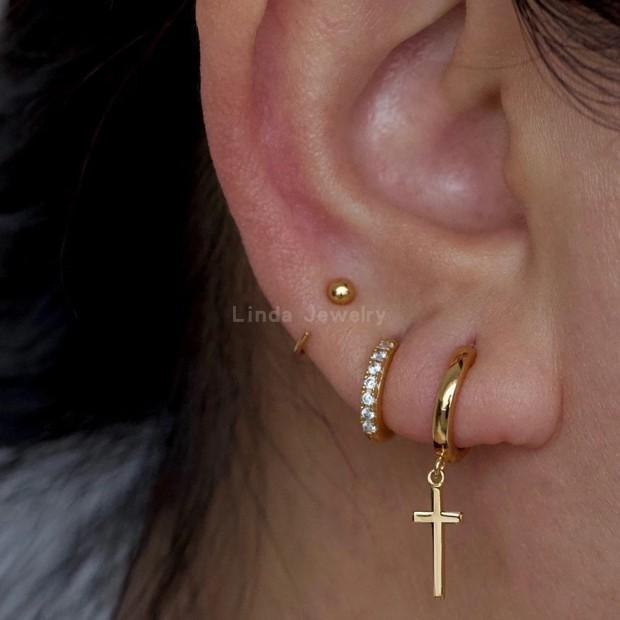 Minimalist Ball Huggie Hoop Threader Earrings In Sterling Silvers or 14Kc Golds, Pull Through Open Hoop Earrings