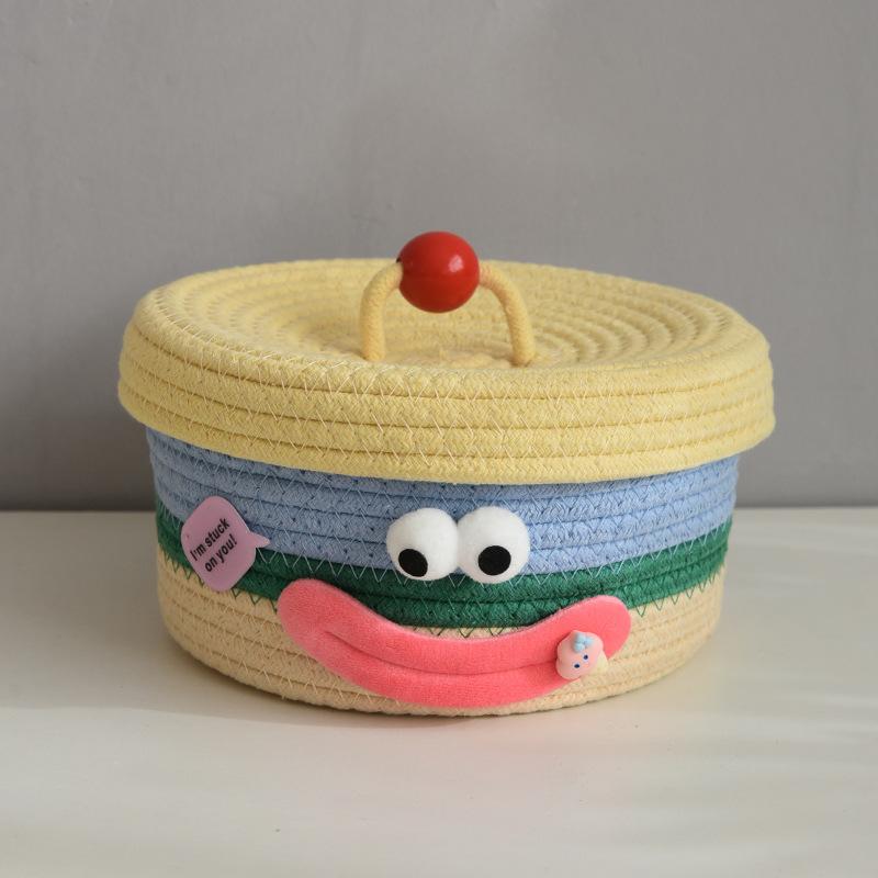 Cartoon Smile Cotton Rope Woven Storage Basket with Lids Desktop Organizers for Sundries Snack Needles Kids Toys Container