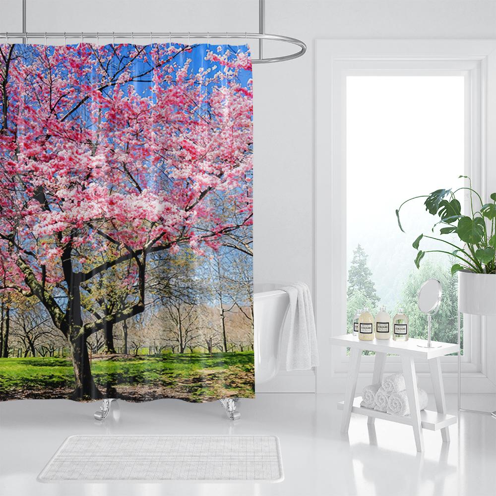 Waterproof Fabric 3D Shower Curtain Bathroom Curtain Pink Tree Landscape Polyester Bath Curtain Decorate With Hooks Cortina