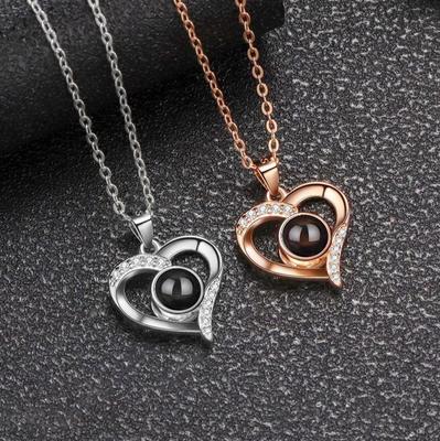 Love Shaped Projection Necklace for Women with 100 Language Names, Customized Color Photos