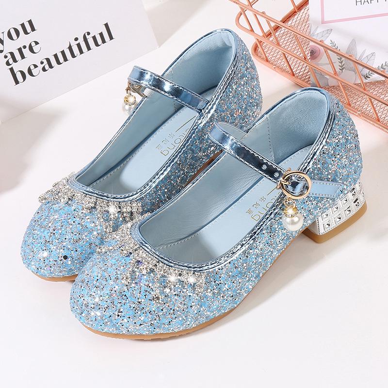 Princess Girls' Sequined High Heels - Soft, Non-Slip Leather Shoes for Spring and Autumn