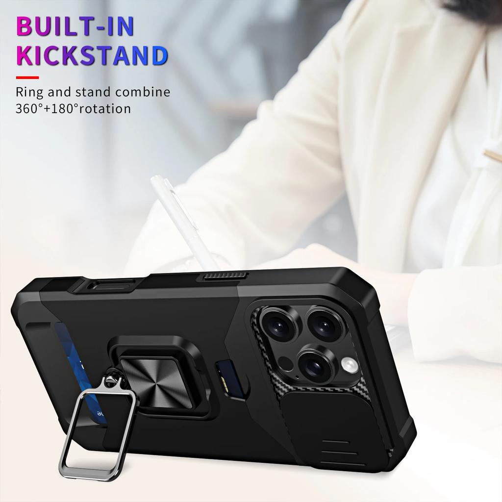Holder Ring 360° Rotating Card Holder Case For iPhone 16 14 13 12 11 15 Pro Max Mini 16Plus 7 8 XR Shockproof Armor Hybrid Cover