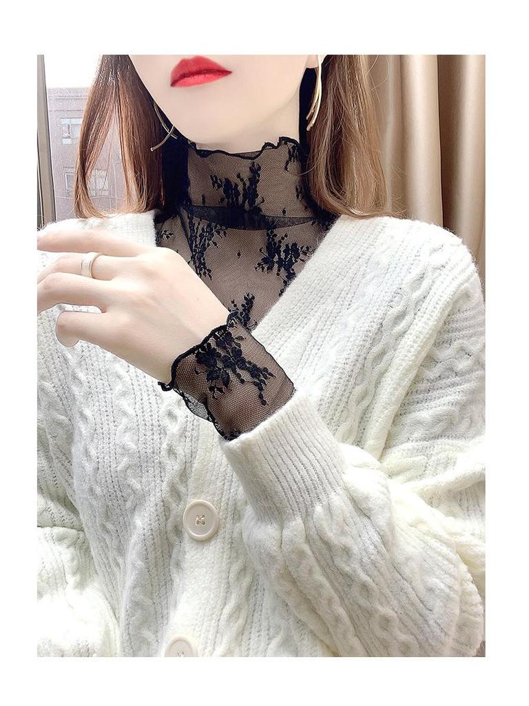 Women's High-End Lace Base Layer Top, Autumn/Winter, Velvet Warmth, Mesh Jacquard Collar, Slightly Sheer, Stylish Design