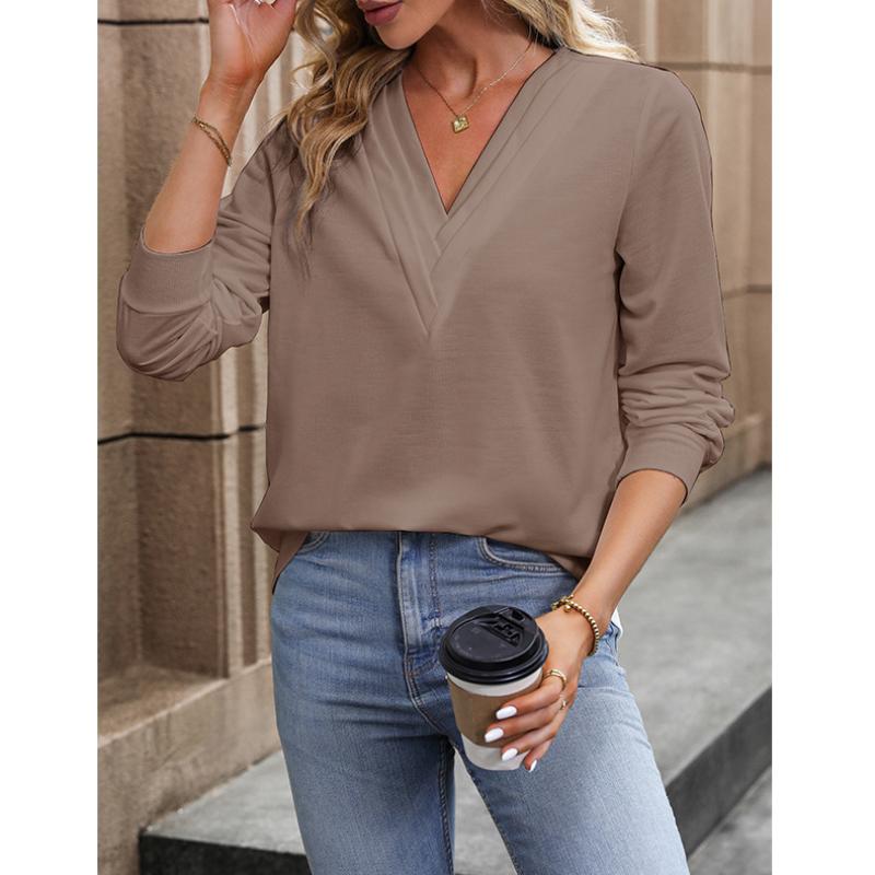 Spring and Autumn V-neck Loose White Shirt for Women Fashion Long Sleeve Solid Casual Blouse Women Elegant Simple Ladies Pullover Shirts Tops 24766