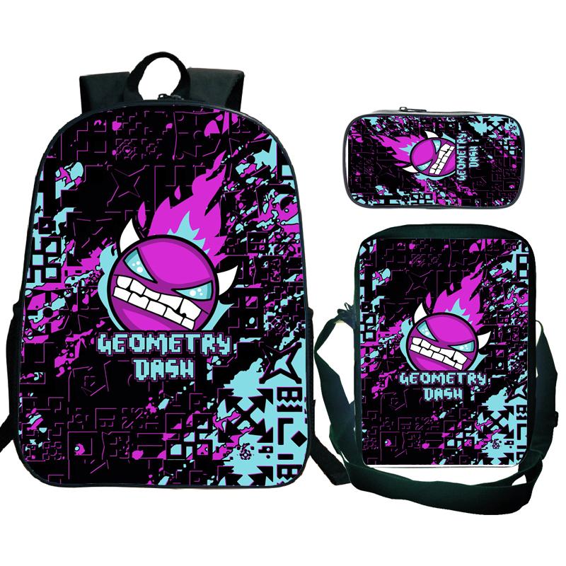 Angry Geometry Dash Backpack 3pcs School Bag Waterproof Student Girls Boys Children Mochila with Pen Bag