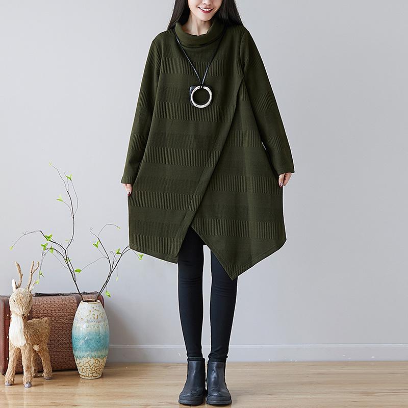 Women's Turtleneck Long Sleeve Midi Dress Loose Fit Loose Waist Vintage Asymmetric Hem Knit Dress Plus Size Warm Lined Casual Tunic Dress