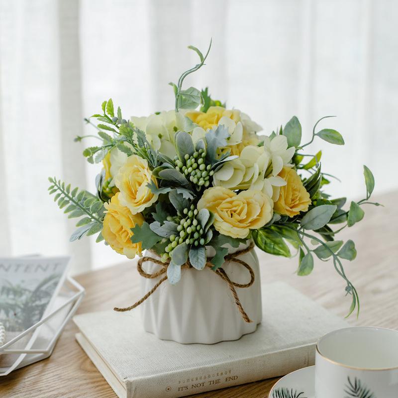 Artificial Flowers with Small Ceramic Vase Faux Roses Plants Eucalyptus Leaves Berries Flower Arrangements Decorations for Home