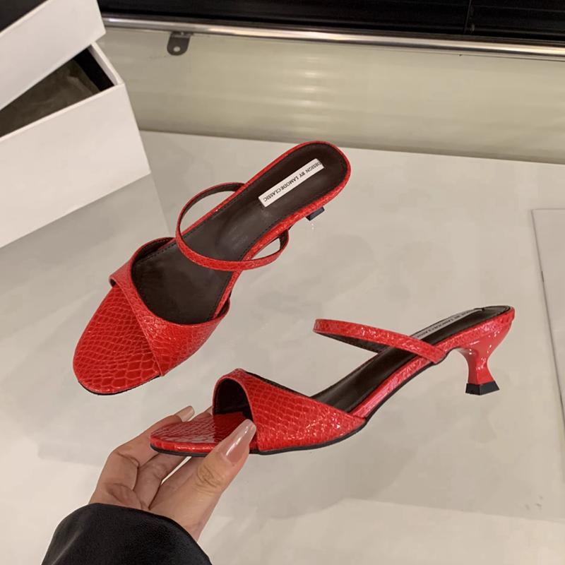 

Fashion SUOJIALUN 2025 Summer New Brand Women Slipper Fashion Shallow Slip On Open Toe Ladies Slides Thin Low Heel Dress Pumps Shoes 35 красный