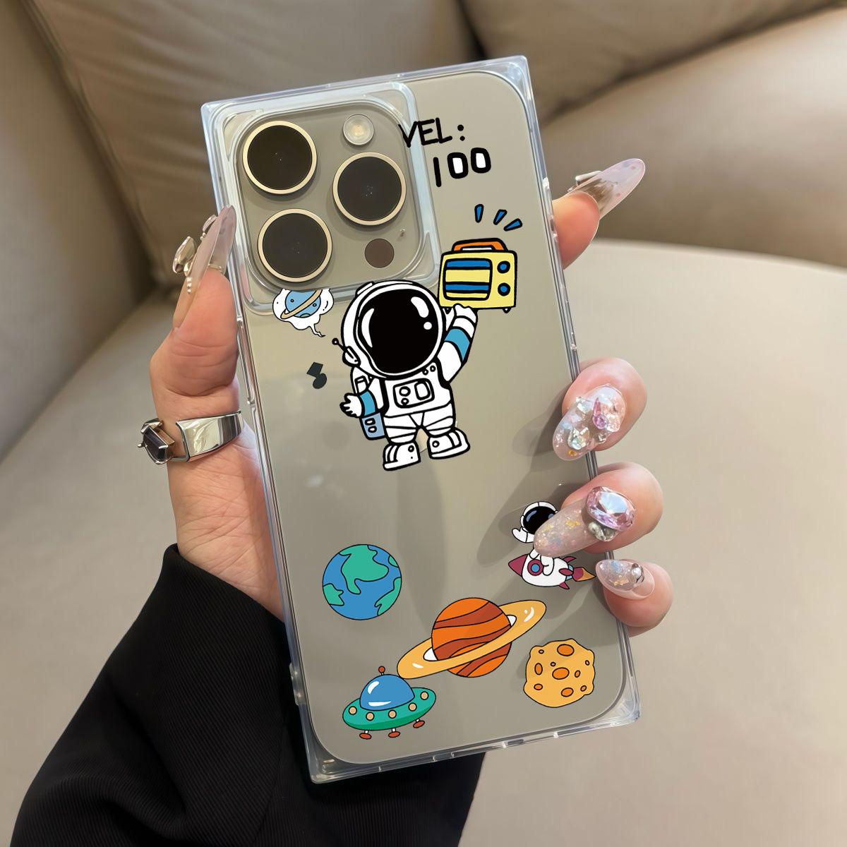 

Прозрачный чехол с квадратной задней стенкой и защитой боковых граней для iPhone 16 ProMax 14 Pro Max 15 Plus 11 13 12, защита от окисления, чехол с рисунком космонавтов Земли iphone 16