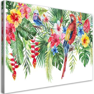 Canvastavla Blad blommor och papegoja