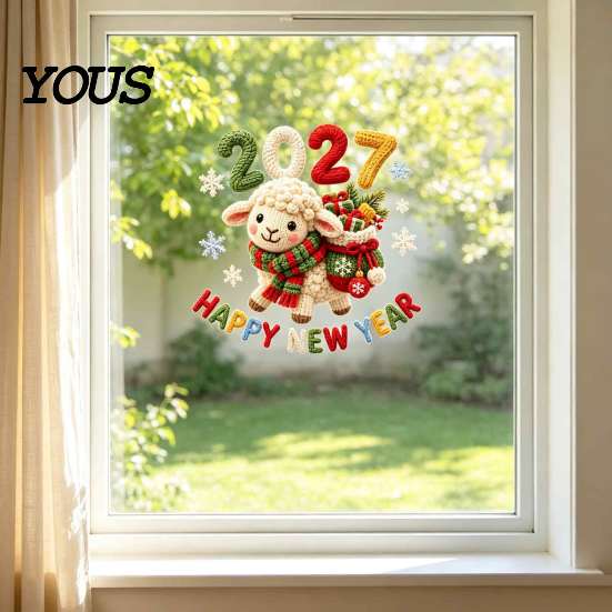 Easy Apply Static Decals Happy New Year Window Cling, 2027 Crochet Sheep Snowflake Holiday Decorative Stickers Glas Sticker, Reusable Christmas