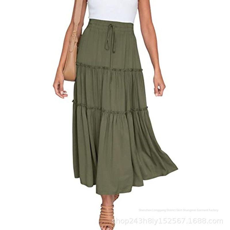 

Solid Color Elastic Waistband Tied Skirt Pure Color Elastic Waistband Lace-up Skirt Army Green XL