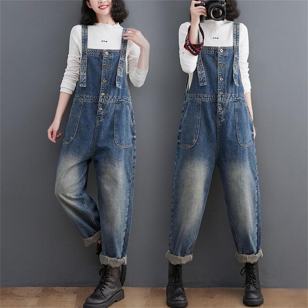Denim Loose Autumn Size [Mohokyo] Women's Overalls, Fit, Wide-Leg Jeans, Figure-Flattering, Spring, Summer, (Color Shown, L)