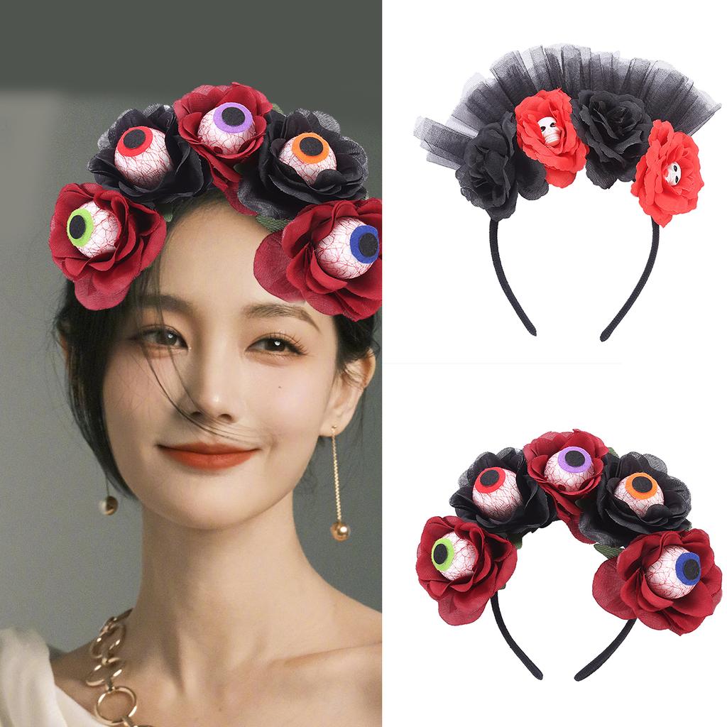 Scary Eyeball Flower Headband Costume Cosplay Accessories Skull Headdress with Tulle Rose Party Wear Gift for Boys Girls