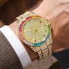 Luxury Gold Iced Out Men's Quartz Watch Rainbow Bezel Full Diamond Dial Hip Hop Bling Wristwatch for Men